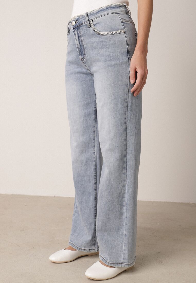 Niebieskie Jeansy Szerokie z Wysokim Stanem Ozdobione Przeszyciami Aikaea 2