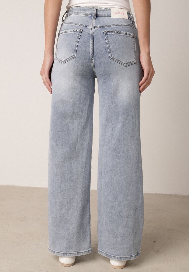 Niebieskie Jeansy Szerokie z Wysokim Stanem Ozdobione Przeszyciami Aikaea 3