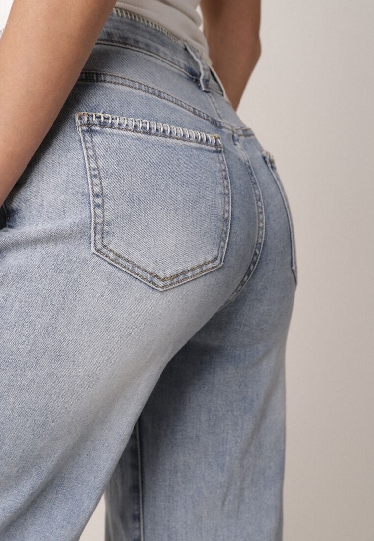 Niebieskie Jeansy Szerokie z Wysokim Stanem Ozdobione Przeszyciami Aikaea 5