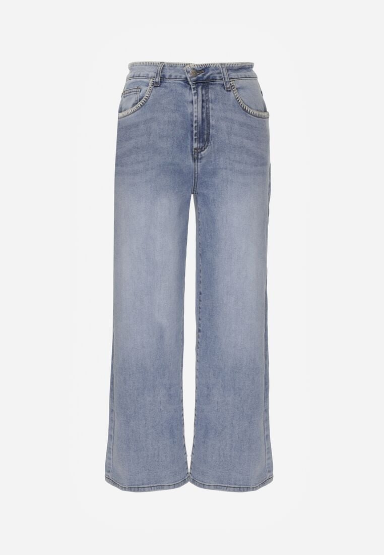 Niebieskie Jeansy Szerokie z Wysokim Stanem Ozdobione Przeszyciami Aikaea 6