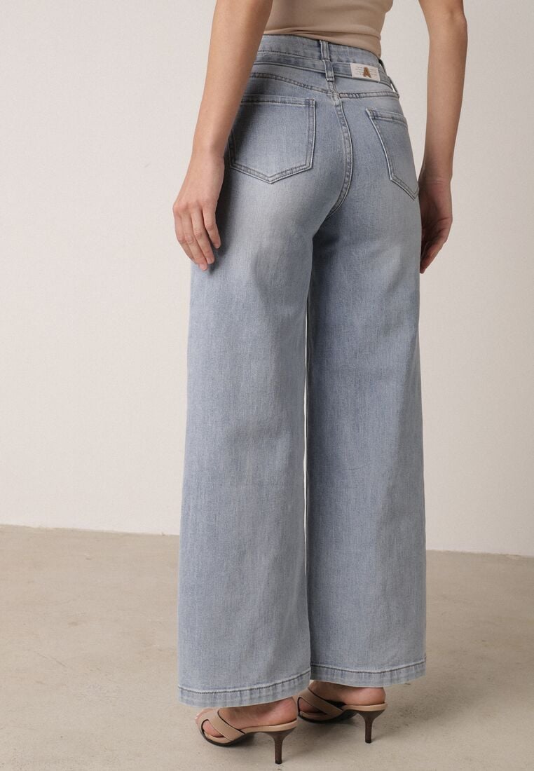 Niebieskie Szerokie Jeansy z Bawełną z Wysokim Stanem i Denimowym Paskiem Venwyn 3