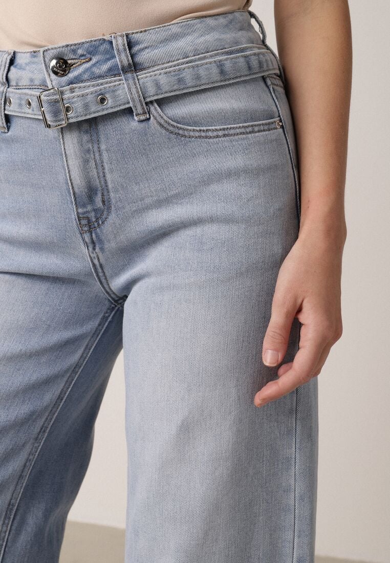 Niebieskie Szerokie Jeansy z Bawełną z Wysokim Stanem i Denimowym Paskiem Venwyn 5