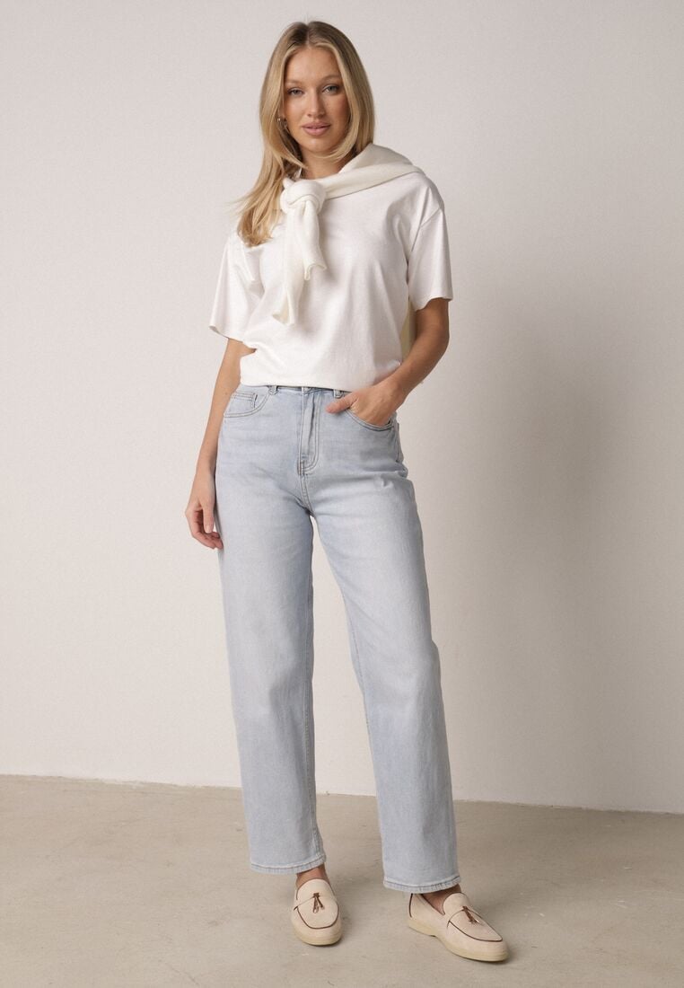 Niebieskie Bawełniane Jeansy o Kroju Mom Fit z Wysokim Stanem i Paskiem Pribena 1