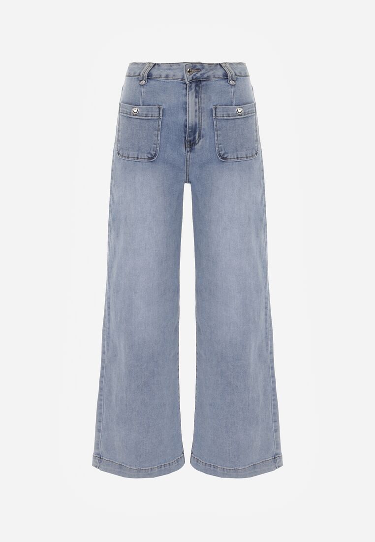 Niebieskie Jeansy Szerokie z Wysokim Stanem z Ozdobnymi Kieszonkami Phinis 6