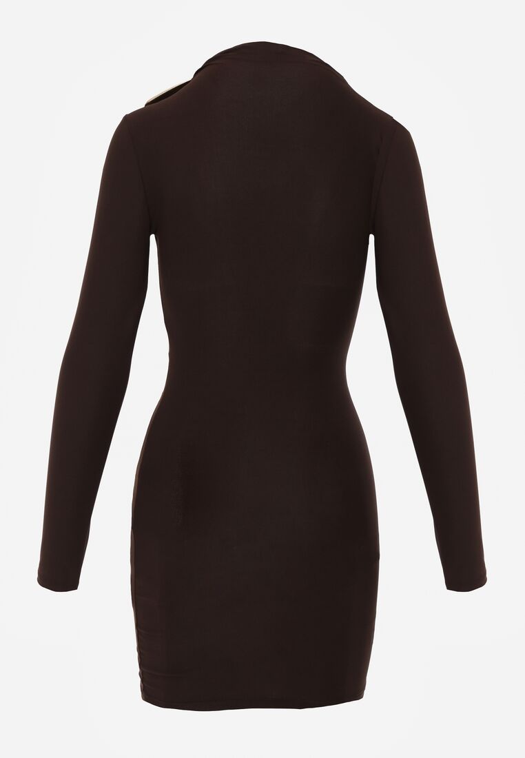 Brązowa Dopasowana Sukienka Koktajlowa z Marszczeniem i Aplikacjami Phaiseithe 7