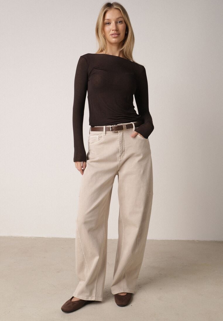 Beżowe Bawełniane Jeansy o Kroju Balloon z Wysokim Stanem i Przeszyciami Katameia 1