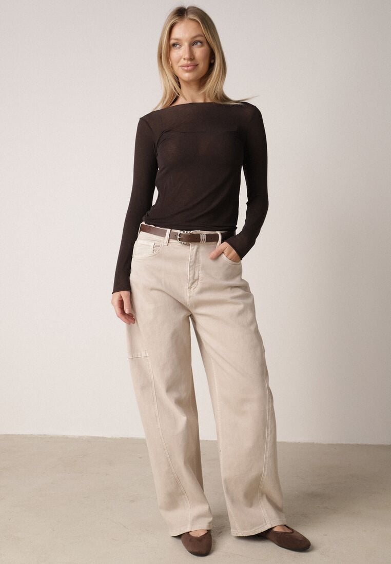 Beżowe Bawełniane Jeansy o Kroju Balloon z Wysokim Stanem i Przeszyciami Katameia 2