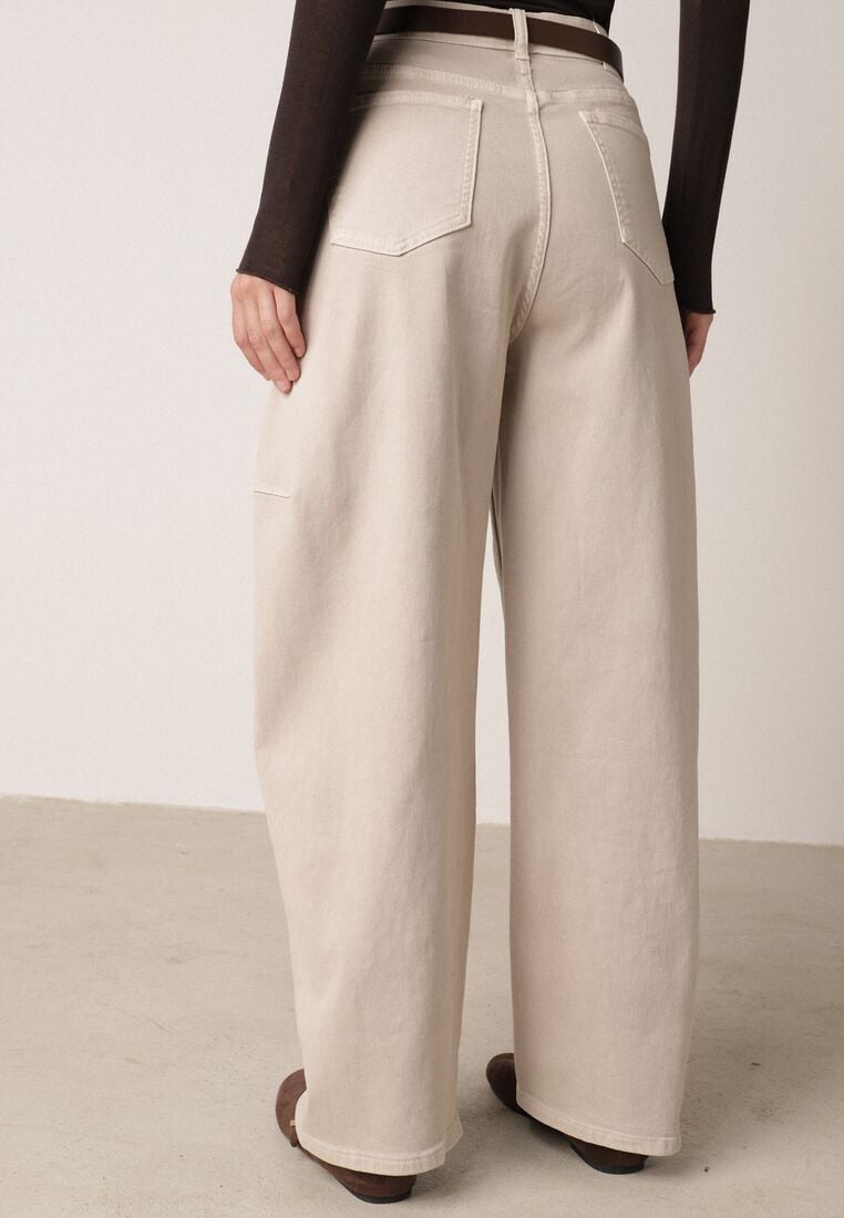 Beżowe Bawełniane Jeansy o Kroju Balloon z Wysokim Stanem i Przeszyciami Katameia 3