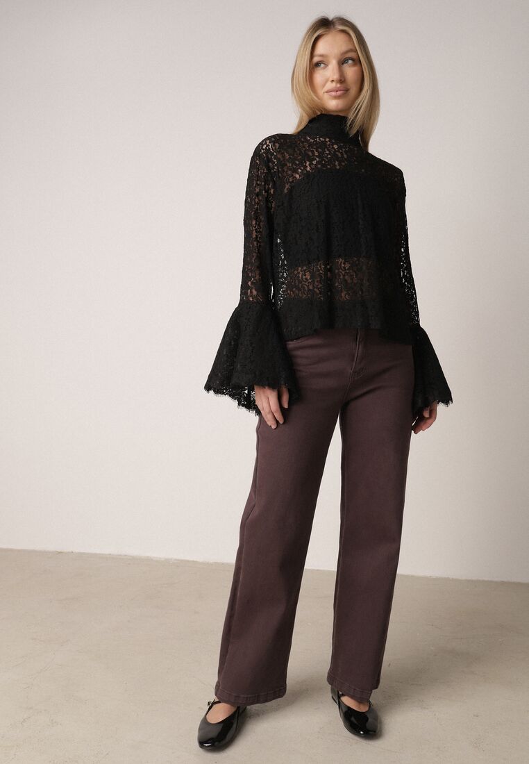 Czarna Wiskozowa Bluzka z Koronki z Bawełną Kokardą i Rozszerzanymi Rękawami Andrice 2