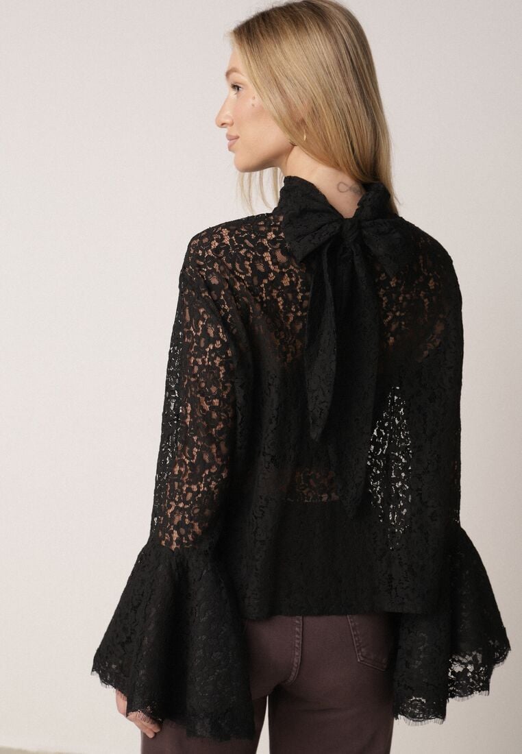 Czarna Wiskozowa Bluzka z Koronki z Bawełną Kokardą i Rozszerzanymi Rękawami Andrice 3