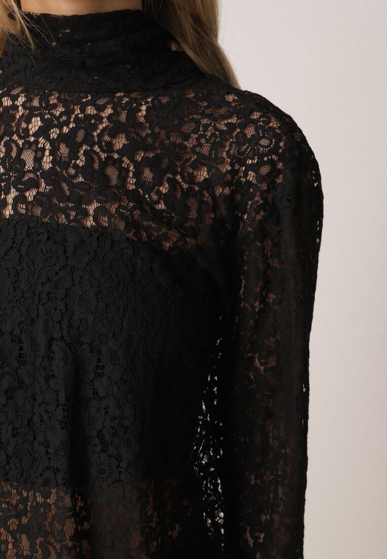 Czarna Wiskozowa Bluzka z Koronki z Bawełną Kokardą i Rozszerzanymi Rękawami Andrice 5