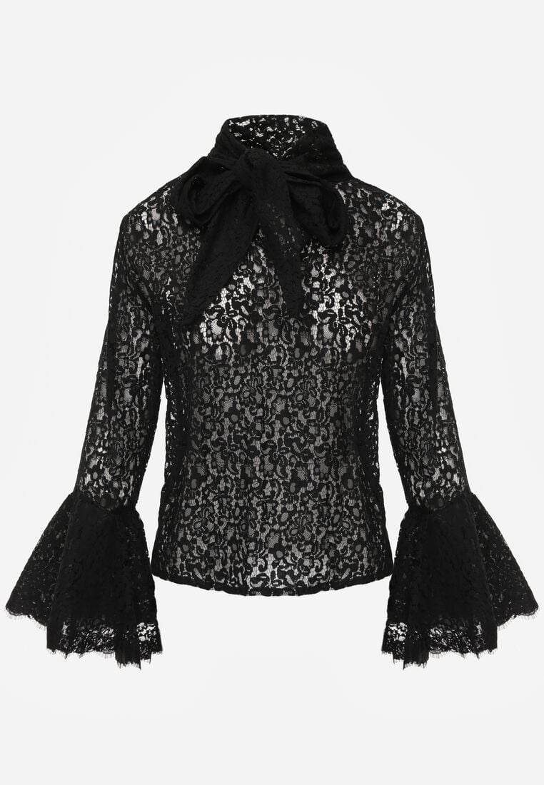Czarna Wiskozowa Bluzka z Koronki z Bawełną Kokardą i Rozszerzanymi Rękawami Andrice 6