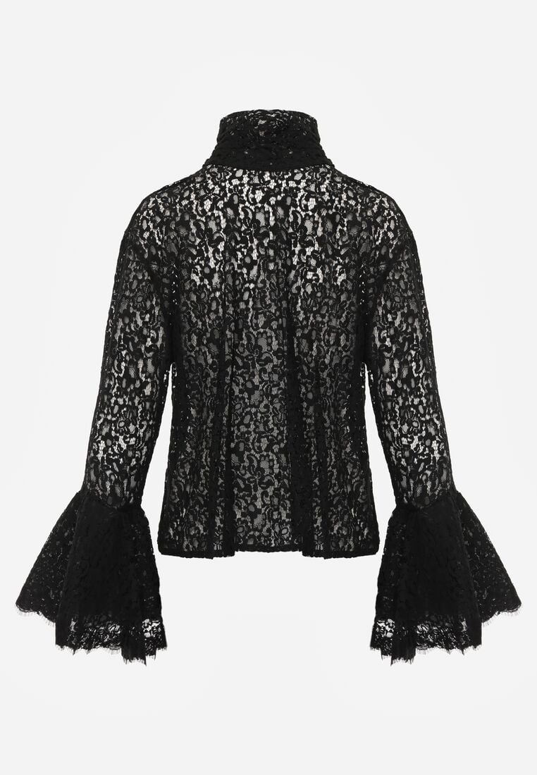 Czarna Wiskozowa Bluzka z Koronki z Bawełną Kokardą i Rozszerzanymi Rękawami Andrice 7