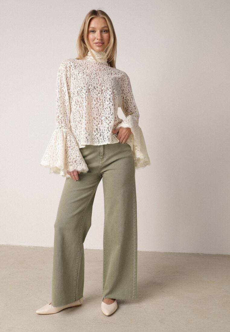 Beżowa Wiskozowa Bluzka z Koronki z Bawełną Kokardą i Rozszerzanymi Rękawami Andrice 2