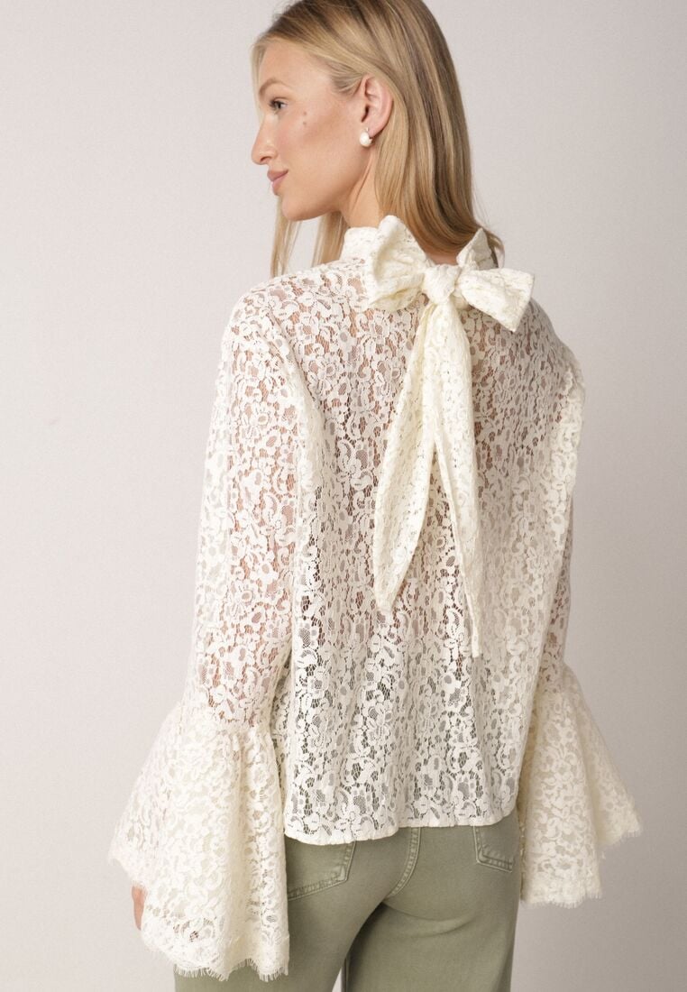 Beżowa Wiskozowa Bluzka z Koronki z Bawełną Kokardą i Rozszerzanymi Rękawami Andrice 3