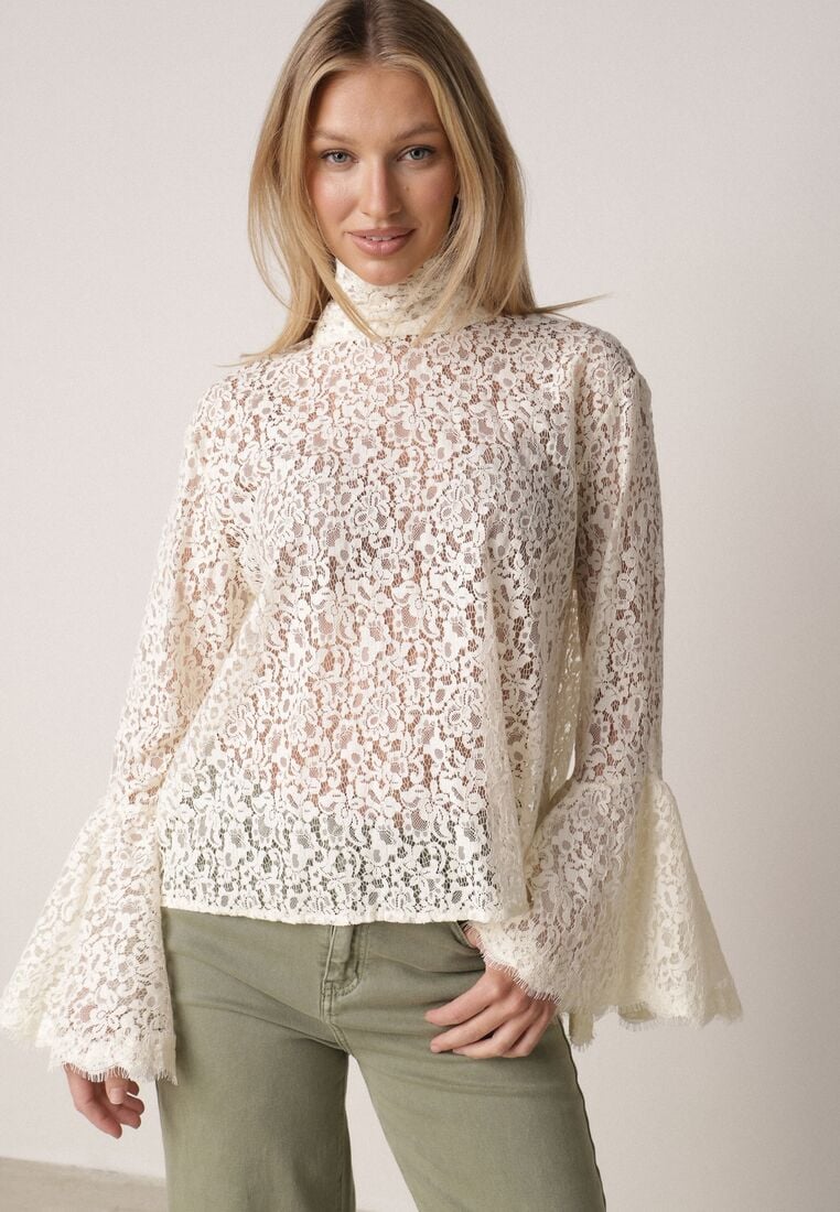 Beżowa Wiskozowa Bluzka z Koronki z Bawełną Kokardą i Rozszerzanymi Rękawami Andrice 4