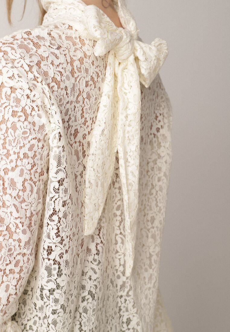 Beżowa Wiskozowa Bluzka z Koronki z Bawełną Kokardą i Rozszerzanymi Rękawami Andrice 5