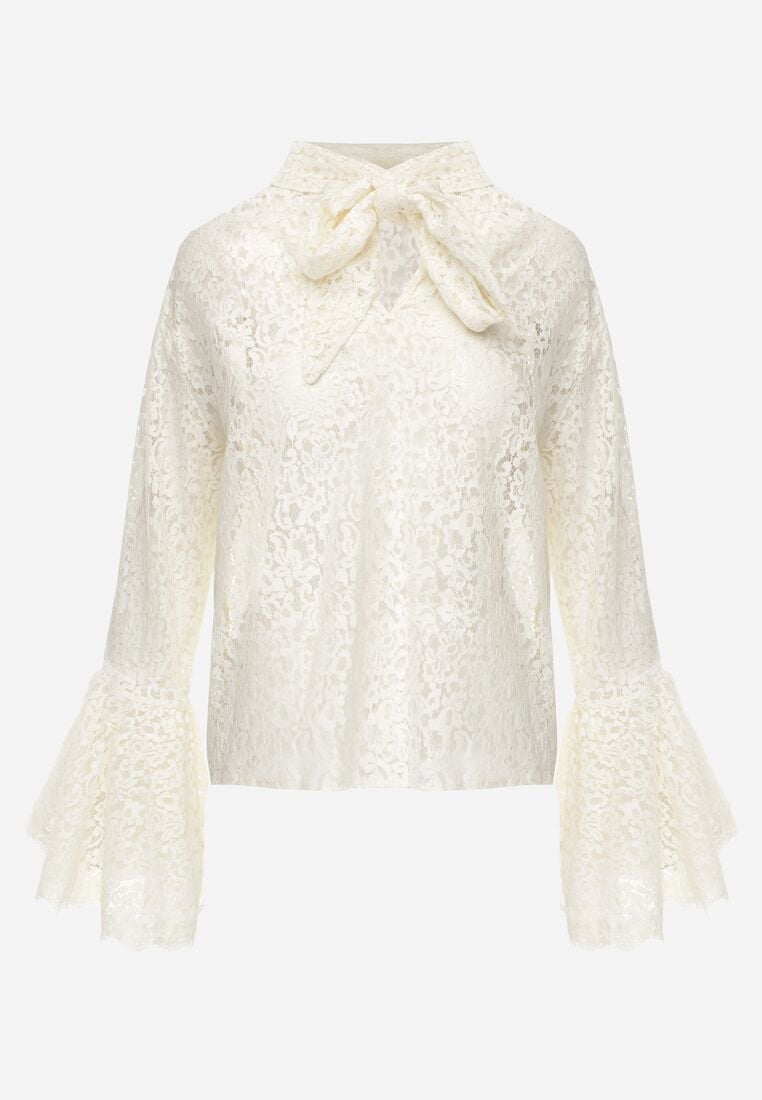 Beżowa Wiskozowa Bluzka z Koronki z Bawełną Kokardą i Rozszerzanymi Rękawami Andrice 6