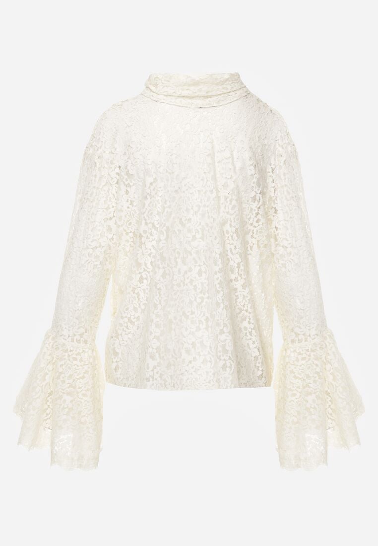 Beżowa Wiskozowa Bluzka z Koronki z Bawełną Kokardą i Rozszerzanymi Rękawami Andrice 7