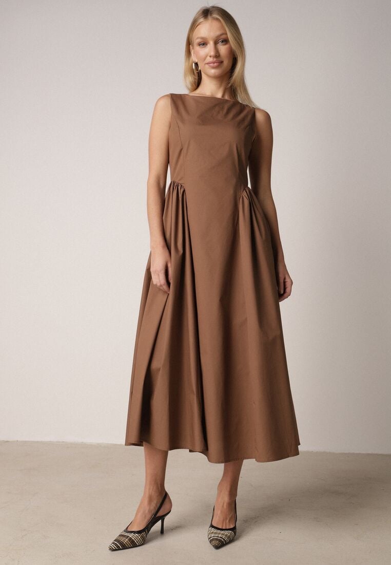 Brązowa Sukienka Bawełniana o Rozkloszowanym Fasonie z Dekoltem Łódką i Kieszeniami Elenira 1