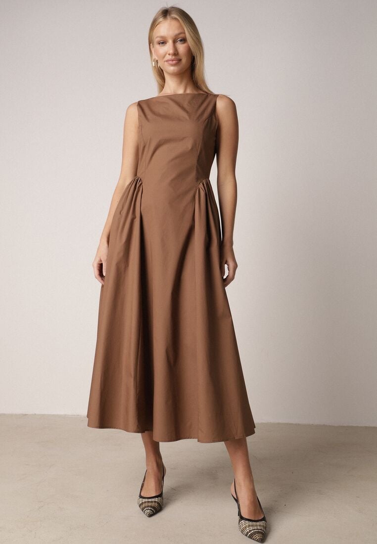 Brązowa Sukienka Bawełniana o Rozkloszowanym Fasonie z Dekoltem Łódką i Kieszeniami Elenira 2