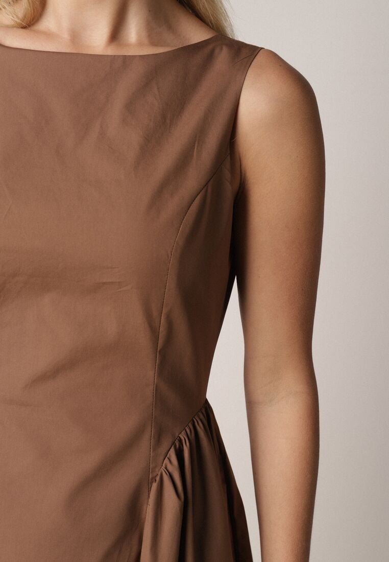 Brązowa Sukienka Bawełniana o Rozkloszowanym Fasonie z Dekoltem Łódką i Kieszeniami Elenira 5