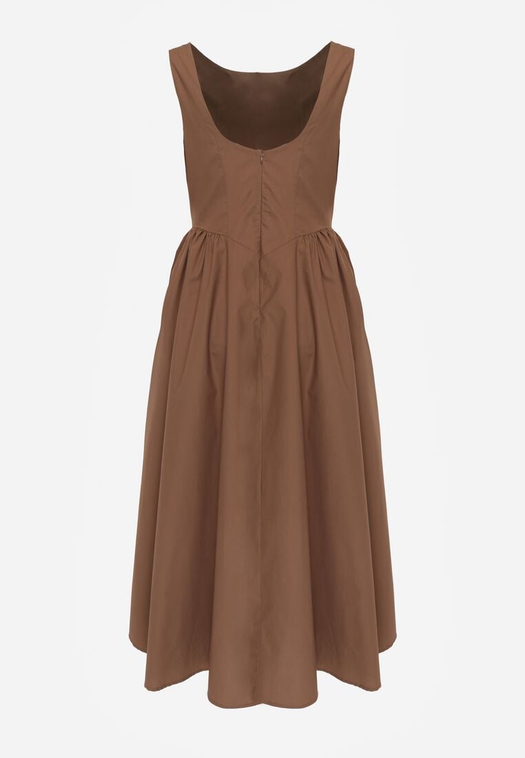 Brązowa Sukienka Bawełniana o Rozkloszowanym Fasonie z Dekoltem Łódką i Kieszeniami Elenira 7
