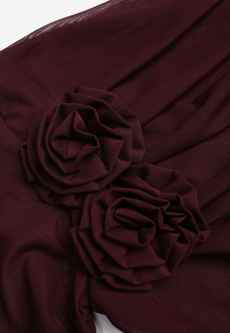 Bordowa Bluzka Siateczkowa z Marszczeniem i Kwiatową Aplikacją Nelimor 8