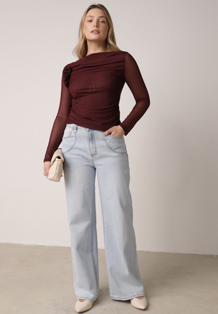 Bordowa Bluzka Siateczkowa z Marszczeniem i Kwiatową Aplikacją Nelimor 2