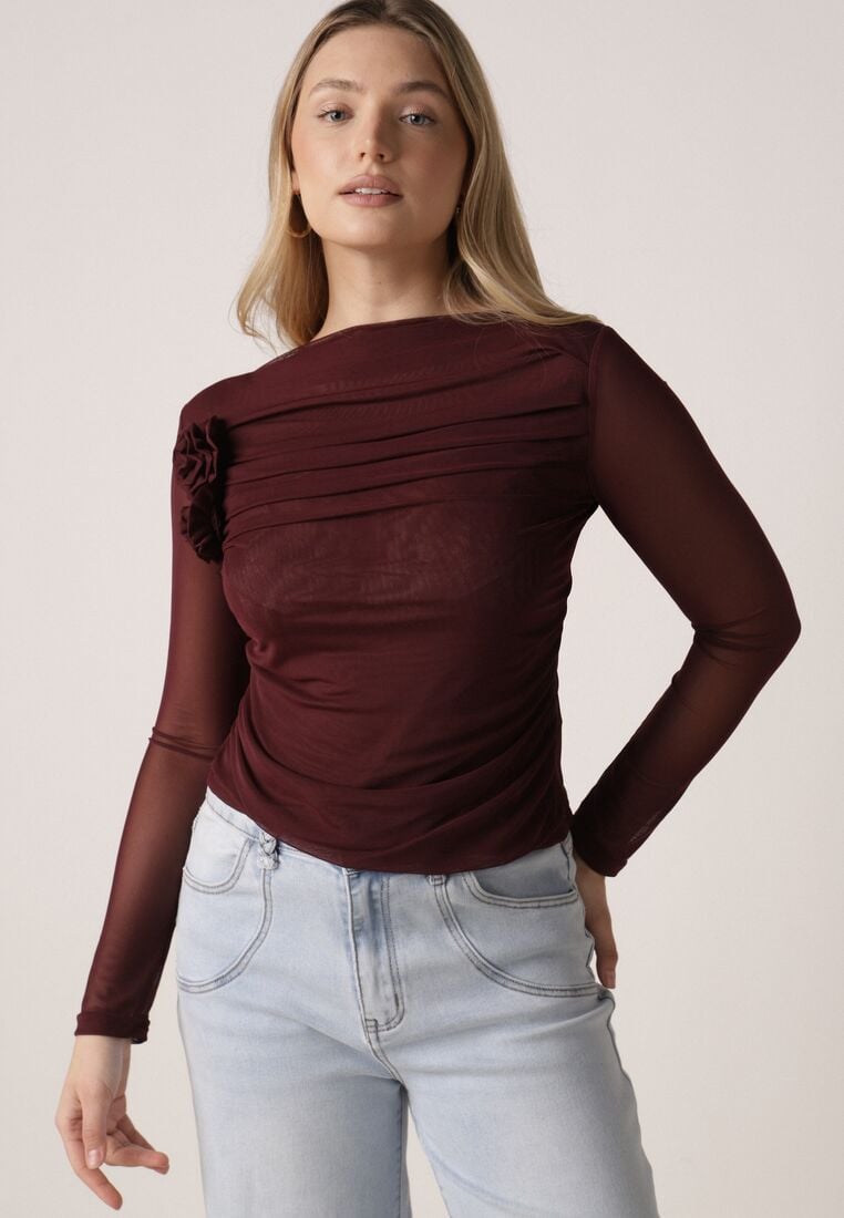 Bordowa Bluzka Siateczkowa z Marszczeniem i Kwiatową Aplikacją Nelimor 4