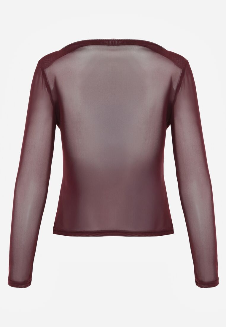 Bordowa Bluzka Siateczkowa z Marszczeniem i Kwiatową Aplikacją Nelimor 7