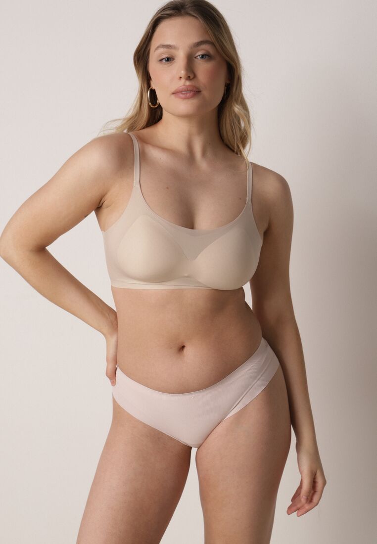 Beżowy Bezszwowy Biustonosz Bez Fiszbin z Usztywnianymi Miseczkami Leavessa 2