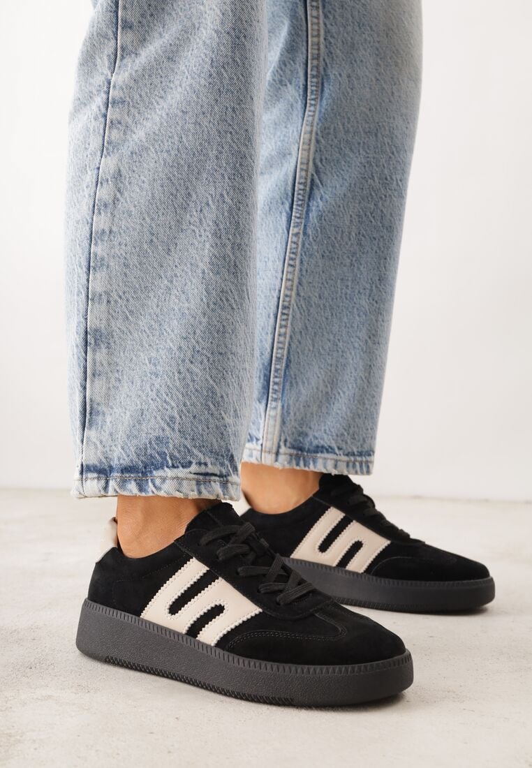 Czarne Skórzane Sneakersy na Kauczukowej Podeszwie z Geometrycznym Motywem Shytyse 1