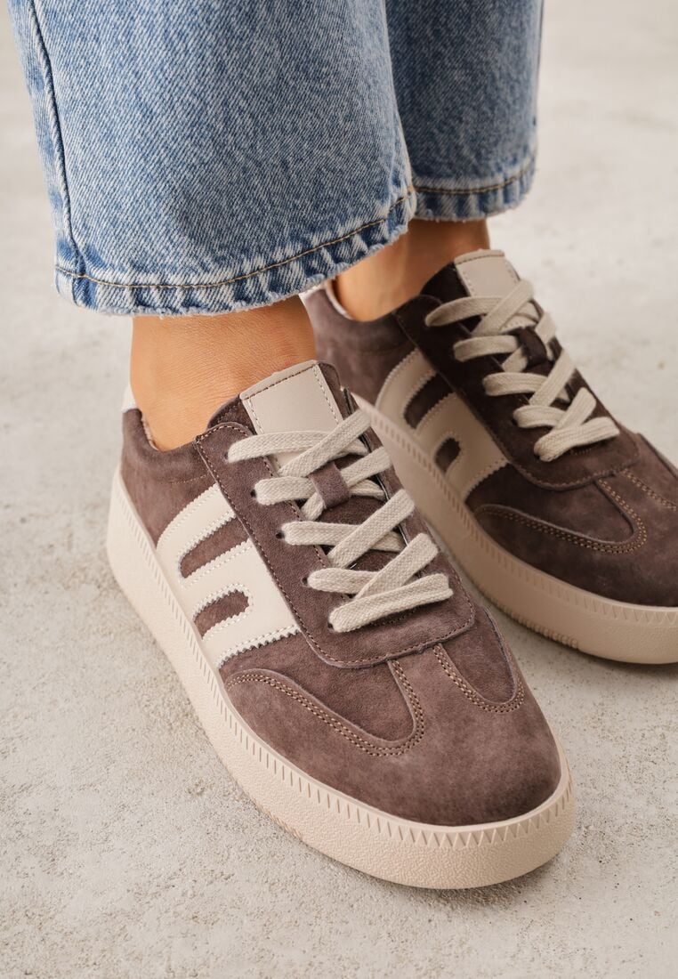 Brązowe Skórzane Sneakersy na Kauczukowej Podeszwie z Geometrycznym Motywem Shytyse 3