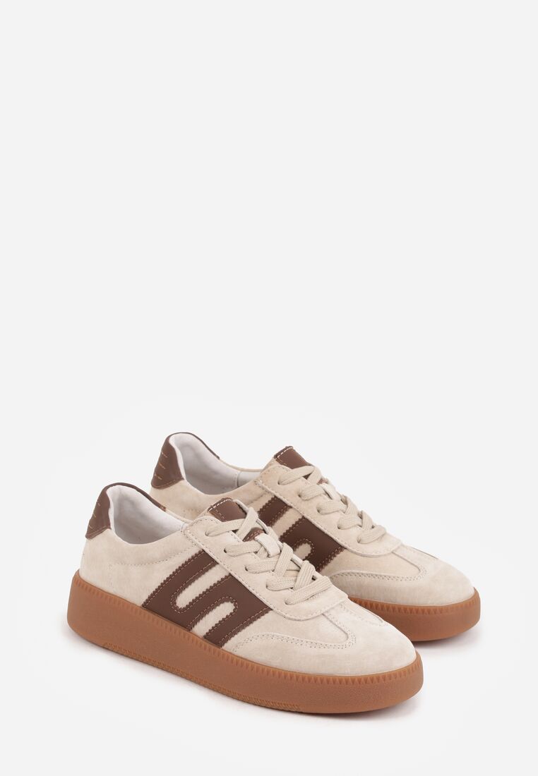 Beżowe Skórzane Sneakersy na Kauczukowej Podeszwie z Geometrycznym Motywem Shytyse 5
