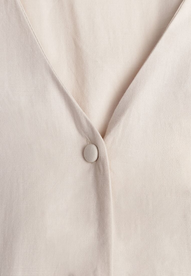Beżowa Bawełniano-Wiskozowa Sukienka Koszulowa z Imitacją Kieszeni Biriala 8