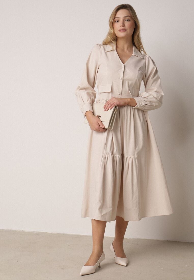 Beżowa Bawełniano-Wiskozowa Sukienka Koszulowa z Imitacją Kieszeni Biriala 2
