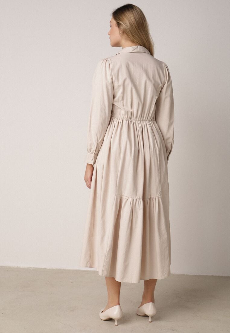 Beżowa Bawełniano-Wiskozowa Sukienka Koszulowa z Imitacją Kieszeni Biriala 3