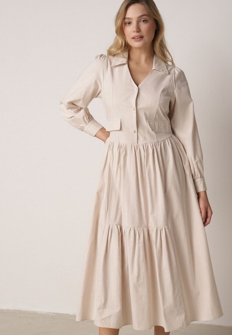 Beżowa Bawełniano-Wiskozowa Sukienka Koszulowa z Imitacją Kieszeni Biriala 4