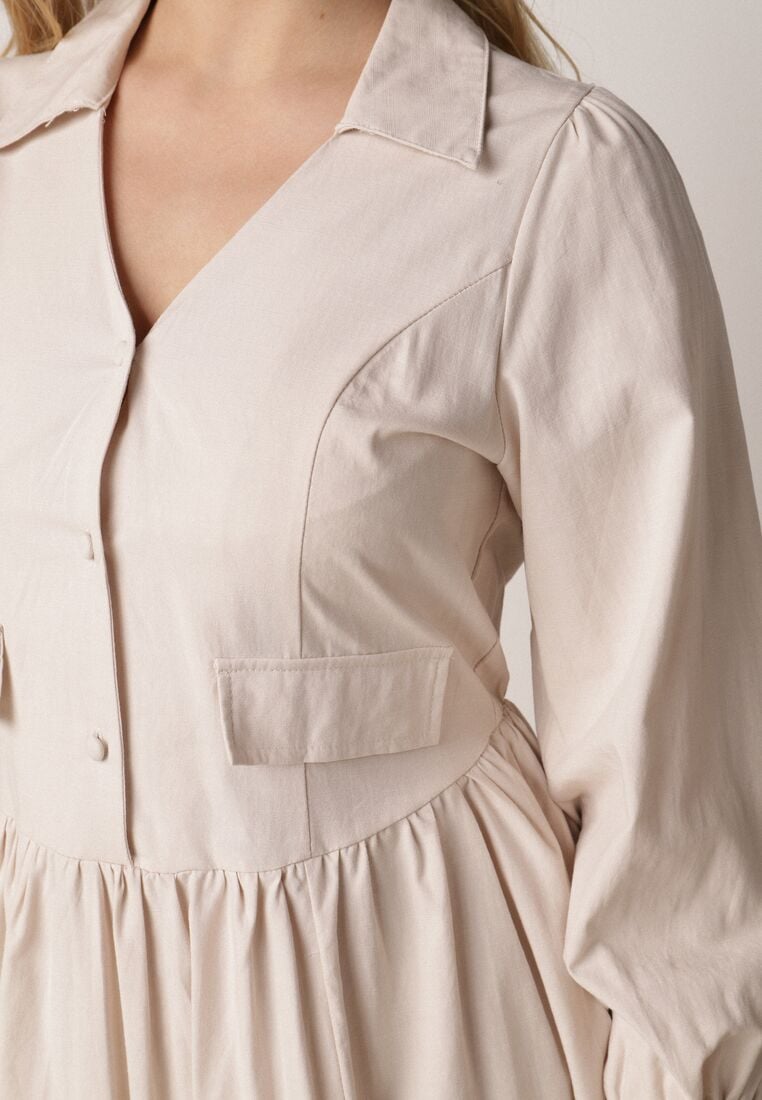 Beżowa Bawełniano-Wiskozowa Sukienka Koszulowa z Imitacją Kieszeni Biriala 5
