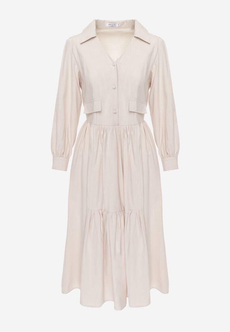 Beżowa Bawełniano-Wiskozowa Sukienka Koszulowa z Imitacją Kieszeni Biriala 6