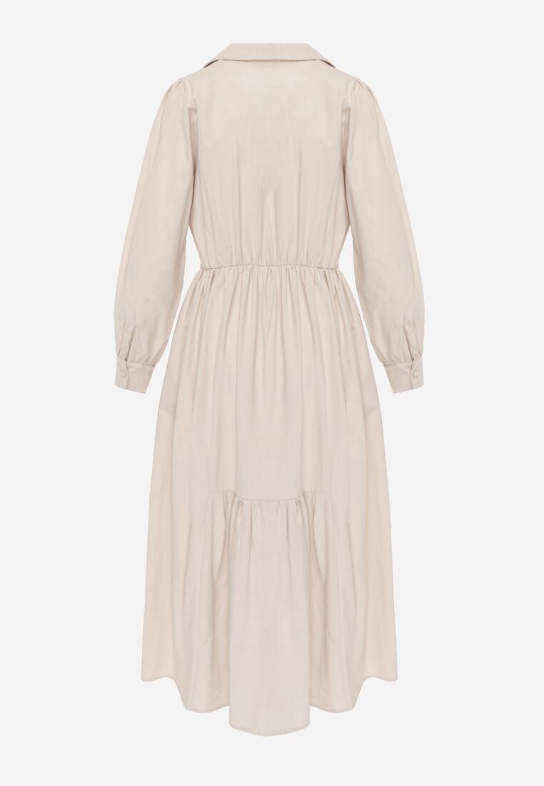 Beżowa Bawełniano-Wiskozowa Sukienka Koszulowa z Imitacją Kieszeni Biriala 7