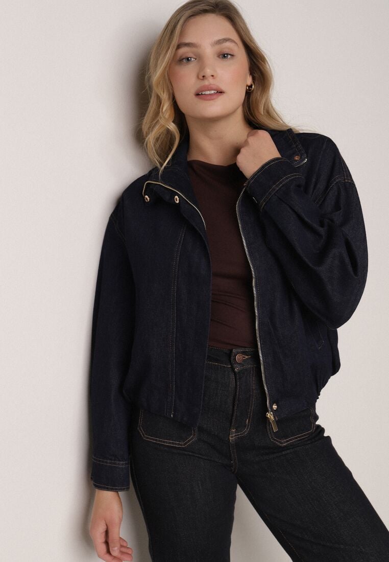 Granatowa Jeansowa Kurtka Przejściowa z Bawełny o Kroju Bombki z Kołnierzykiem Jotima 1