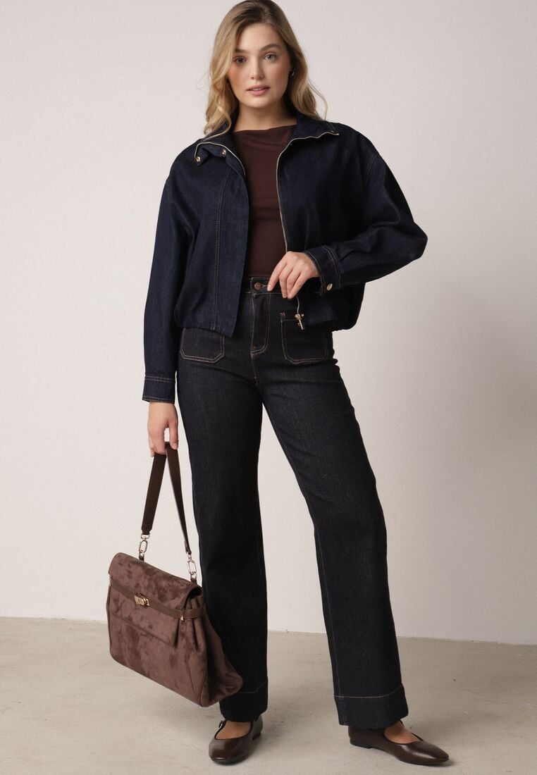 Granatowa Jeansowa Kurtka Przejściowa z Bawełny o Kroju Bombki z Kołnierzykiem Jotima 2