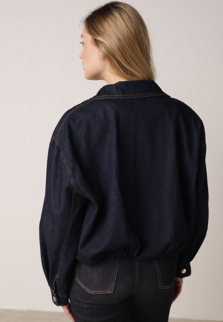 Granatowa Jeansowa Kurtka Przejściowa z Bawełny o Kroju Bombki z Kołnierzykiem Jotima 3