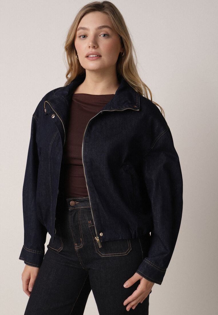Granatowa Jeansowa Kurtka Przejściowa z Bawełny o Kroju Bombki z Kołnierzykiem Jotima 4