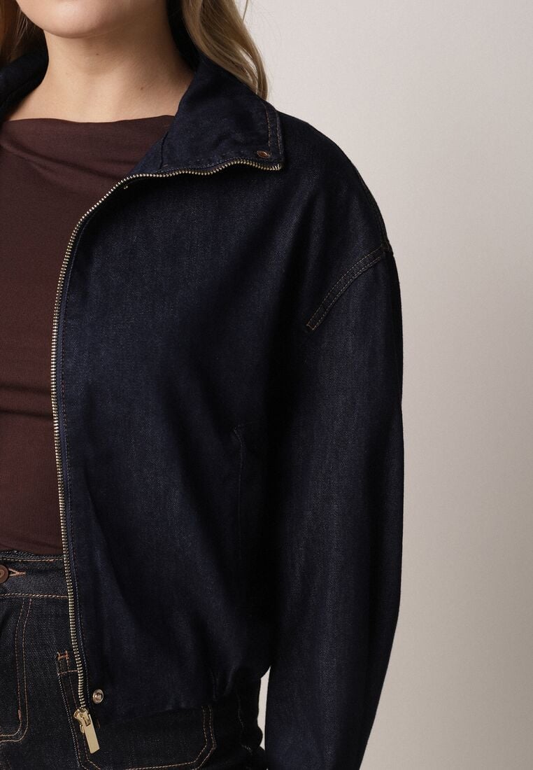Granatowa Jeansowa Kurtka Przejściowa z Bawełny o Kroju Bombki z Kołnierzykiem Jotima 5
