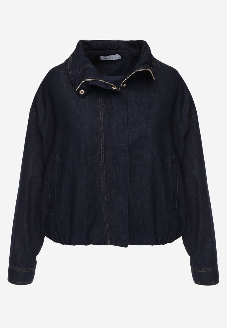 Granatowa Jeansowa Kurtka Przejściowa z Bawełny o Kroju Bombki z Kołnierzykiem Jotima 6
