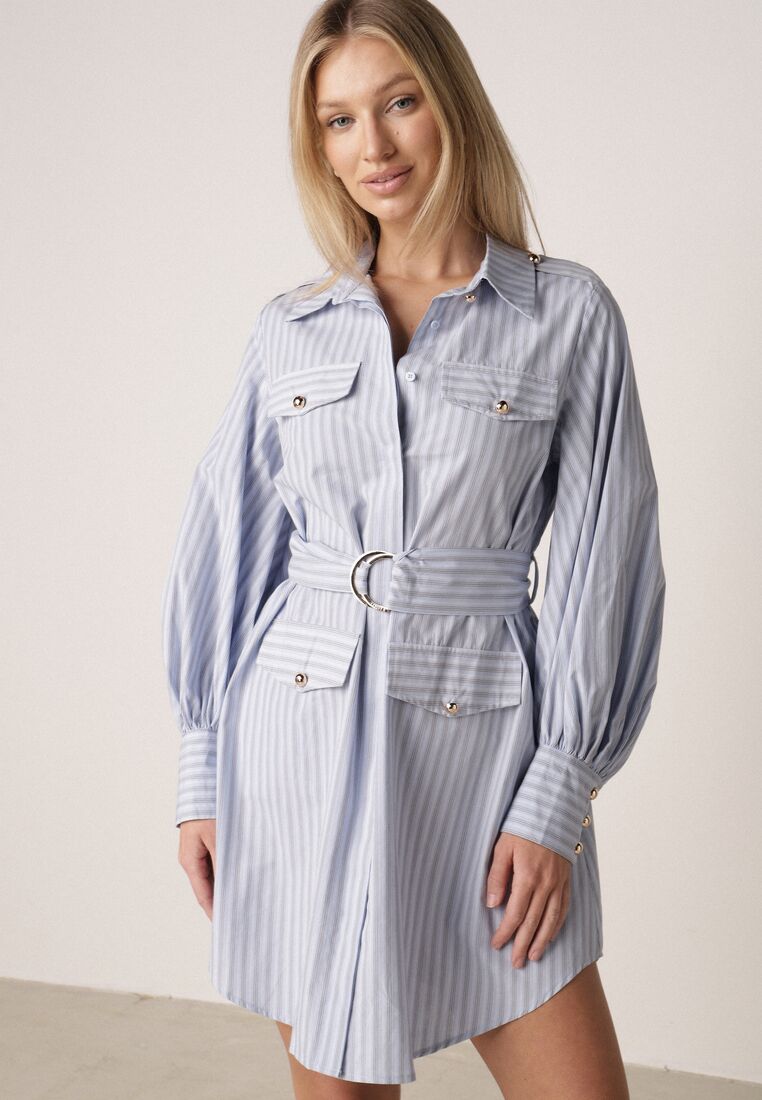 Niebieska Bawełniana Sukienka Koszulowa z Paskiem i Pagonami Dennelia 4