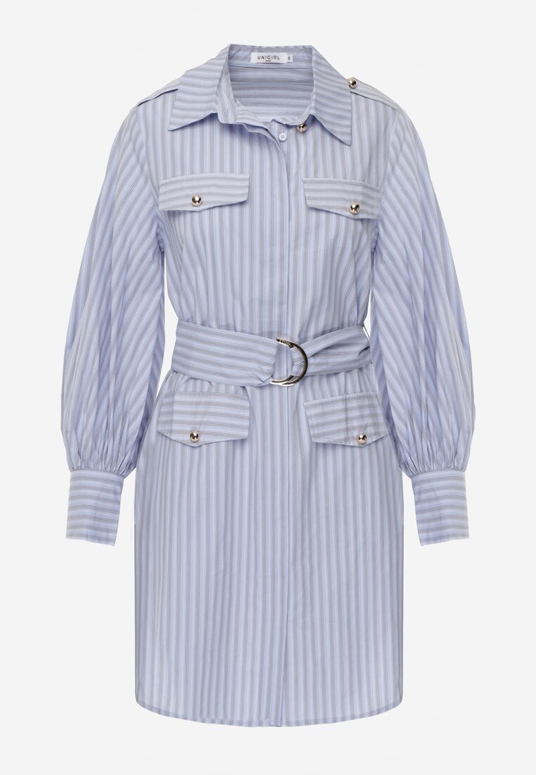 Niebieska Bawełniana Sukienka Koszulowa z Paskiem i Pagonami Dennelia 6